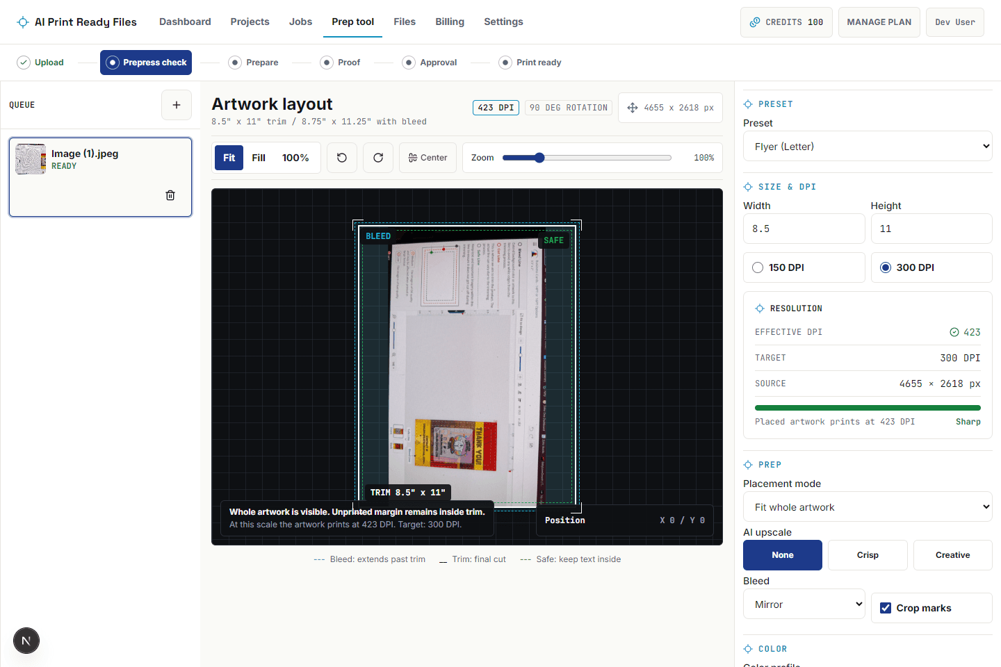 AI Print Ready Files preparation workbench with DPI, bleed, trim, crop and safe-area controls