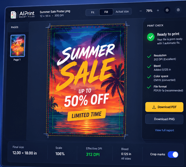 AI Print Ready Files workbench inspecting a summer sale poster with print-ready checks