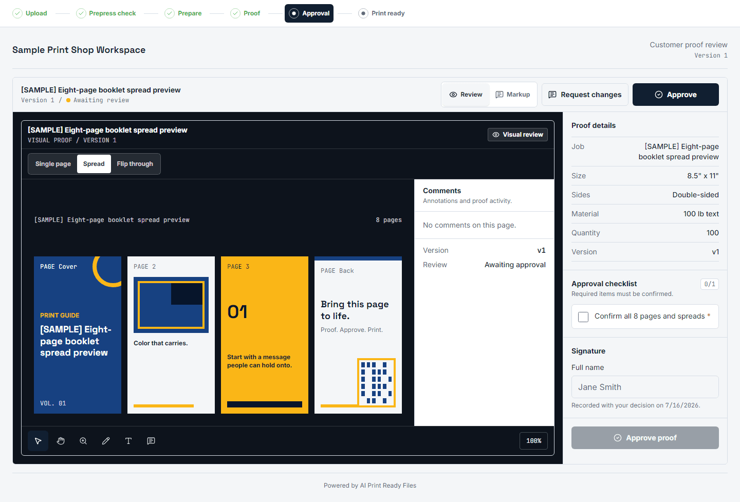 Customer proof review for an eight-page booklet with spread view and approval controls