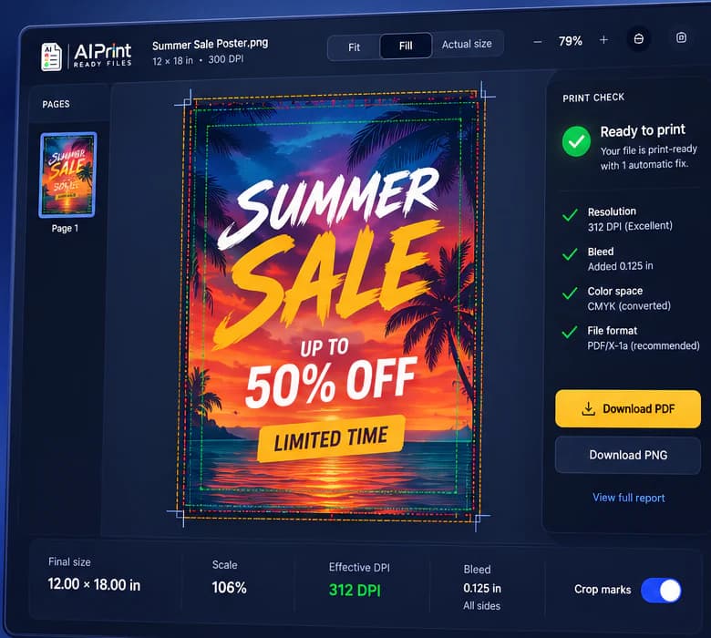 AI image print-ready PDF workbench AI Print Ready Files workbench inspecting a summer sale poster with print-ready checks