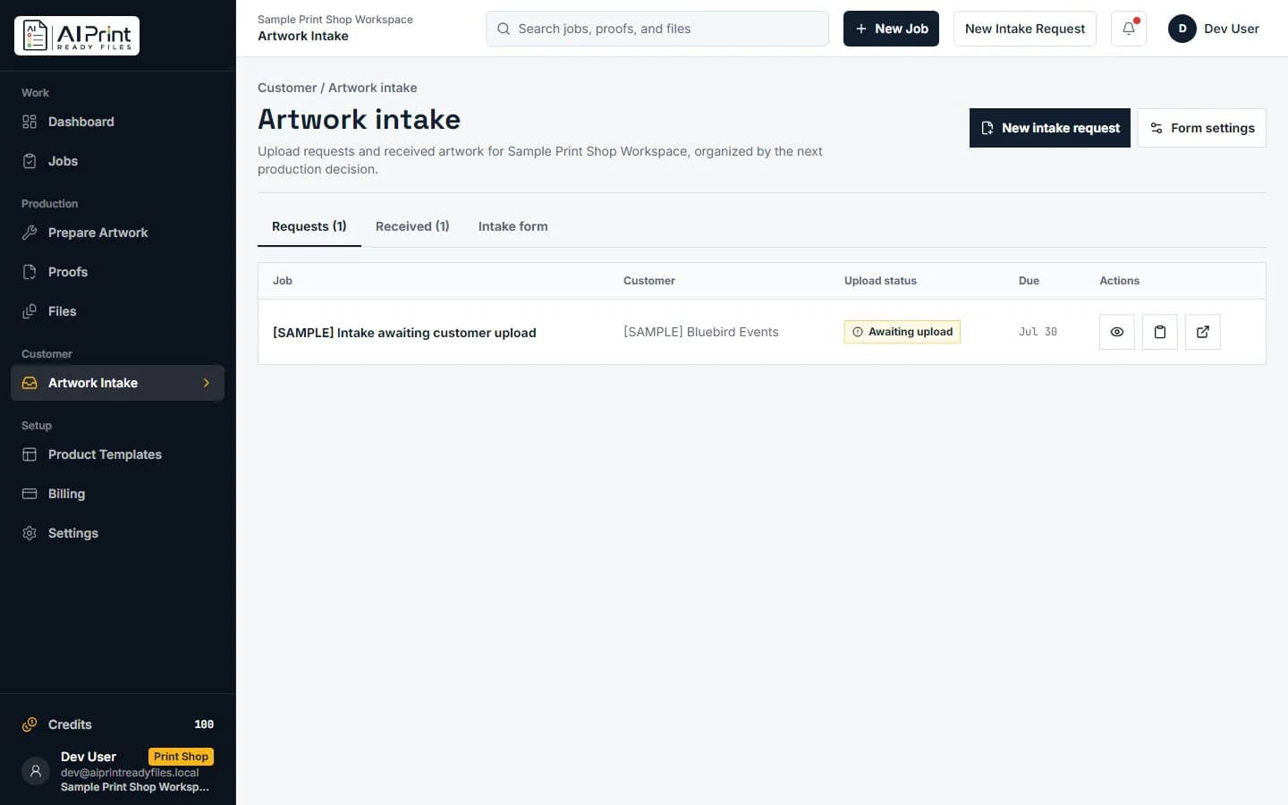 Customer artwork intake workflow Artwork intake workspace showing customer upload requests and file status