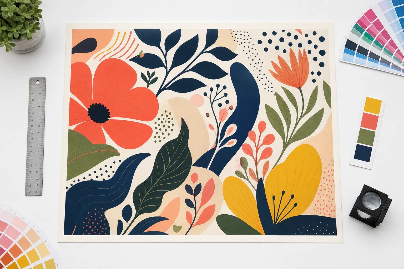 Original artwork prepared for dependable print output Original botanical poster artwork on a print studio table with measuring and color tools